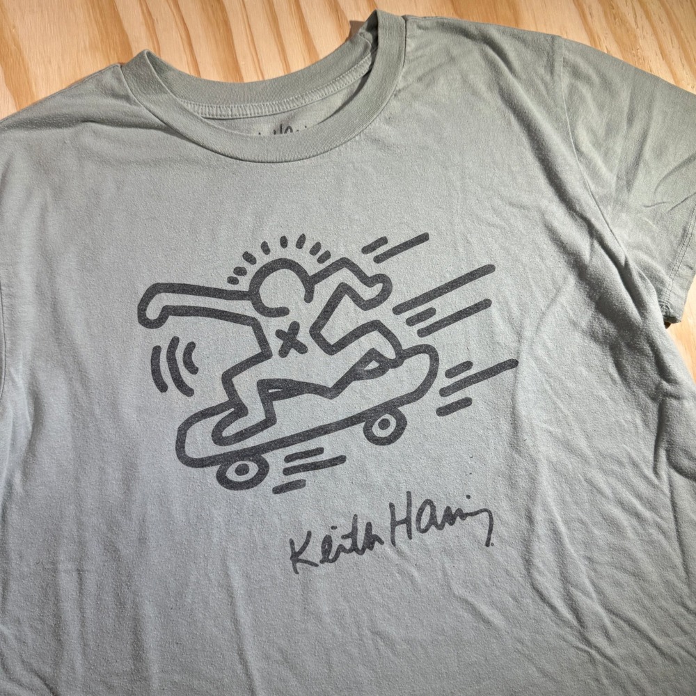 Keith Haring Men Skateboarder Graphic Tee Olive Green Pop Shop Art Shirt Size XL